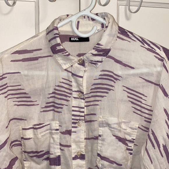BDG Small Button Up Long Sleeve Shirt Cream Purple - Picture 4 of 8